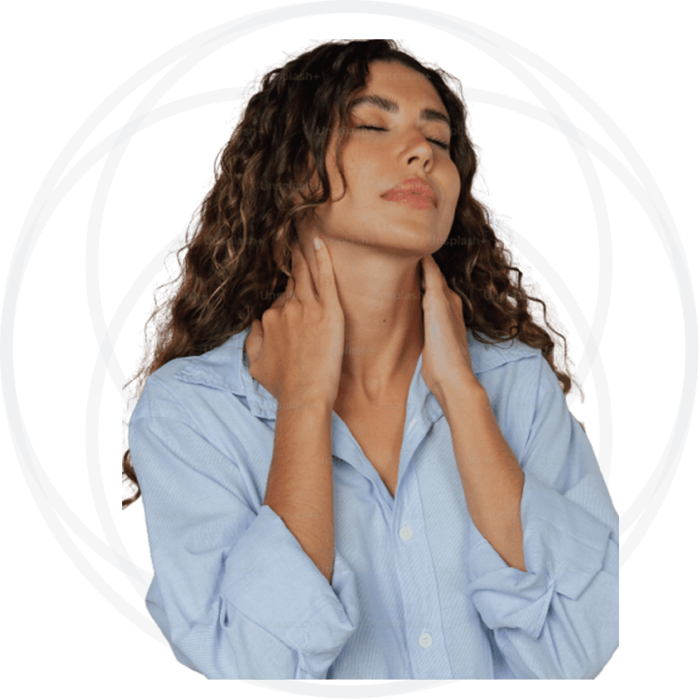 A woman with eyes closed, hands resting on her neck, at ease